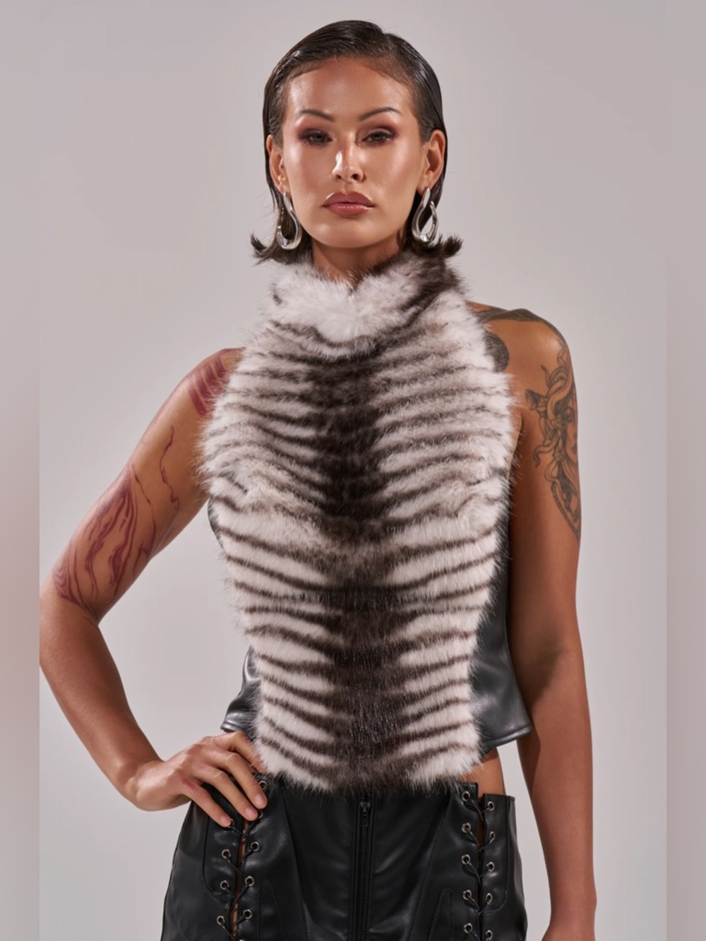 AKIRA White and Black Striped Fur Halter Top